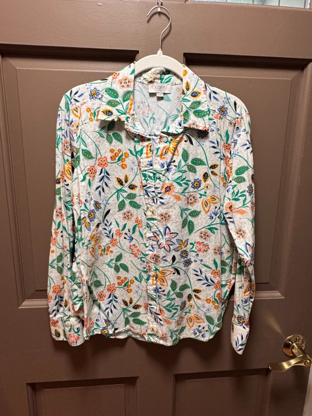 LOFT White Multicolor Floral Button Down Shirt Small